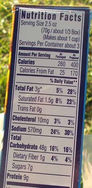 Nutritional facts label for a box of mac ’n’ cheese